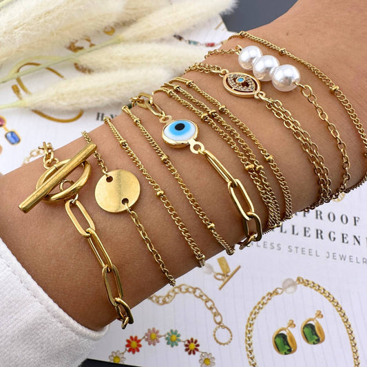 "Evil Eye" Bracelet, 18K Gold Plated Steel